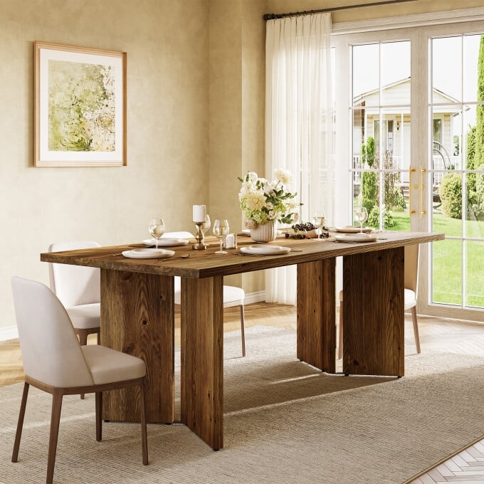 63-Inch Solid Wood Dining Table, Farmhouse Long Kitchen Table