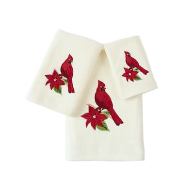 Xmas Premium Decor Soft 100% Cotton Embroidered Bathroom Modern 3 Piece Christmas Towel Set, Red Cardinal Bird with Ivory Base