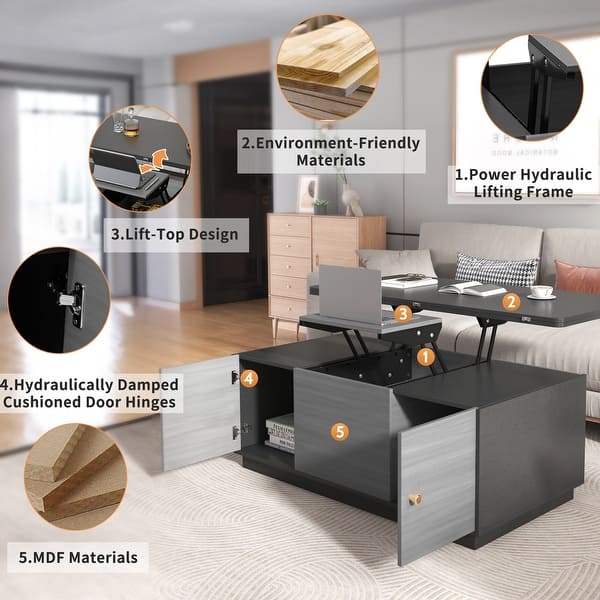 Modern Gray Multi-functional Rectangle Lift-top Coffee Table Extendable ...