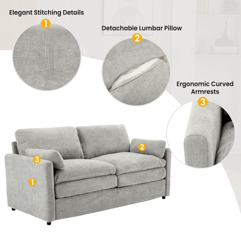 Chenille Loveseat Sofa, Upholstered Tufted Couch with Pillows and Cushion 2 Seater Deep Seat Sofa for Living Room