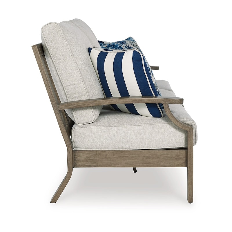 Inaya Outdoor Sofa, 4 Throw Pillows, Cream White, 89 Inch Brown Metal