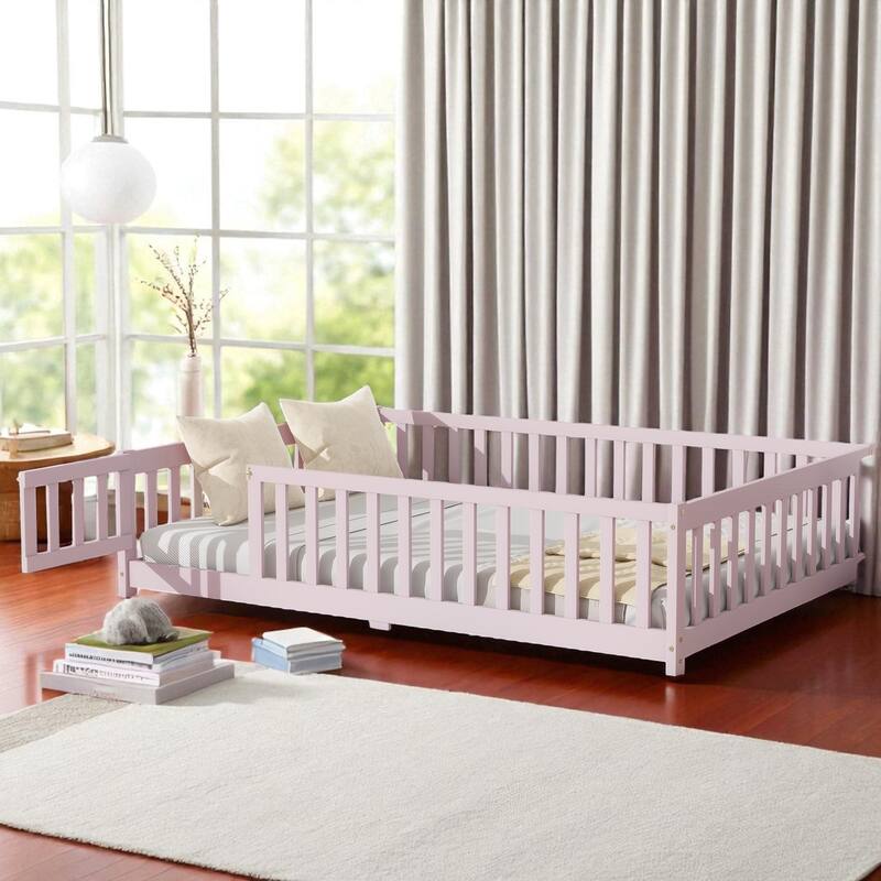 Full Size Rubber Wood Floor Bed with Fence, Door and Safety Guardrails for Kids