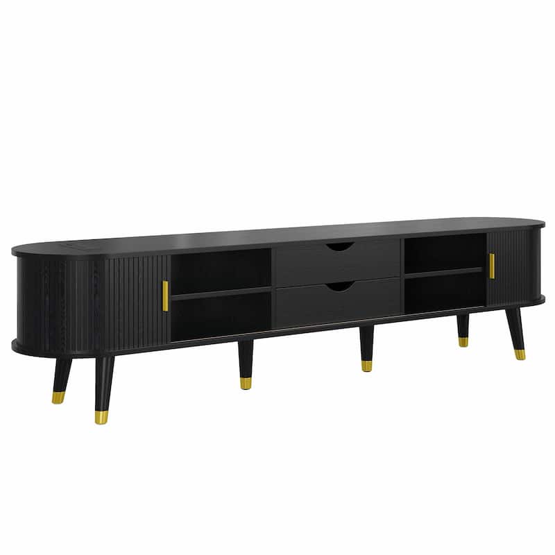Wooden Oval Fluted TV Stand with Charging Station for TVs Up to 80"