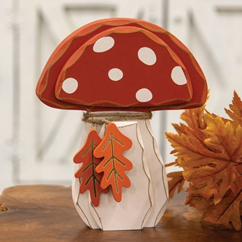 Distressed Chunky Wooden Mushroom w/Leaves Sitter - Multi