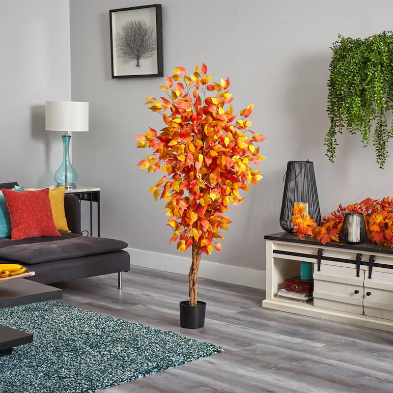 Artificial Fall Tree 5ft - Autumn Decorative Tree with Trunk - Indoor Harvest Décor - Green - 61 Inches and Over