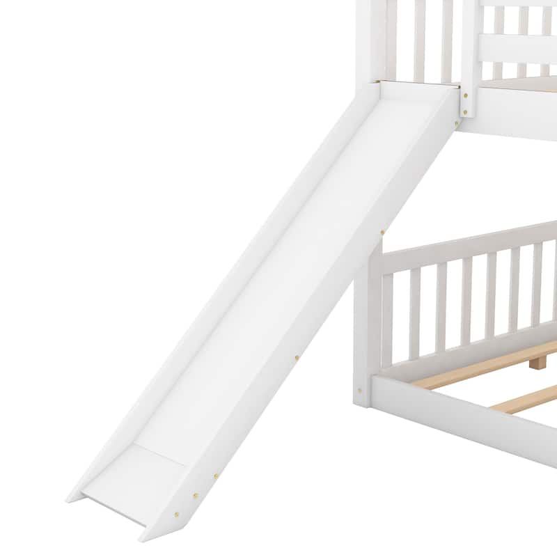 Full Over Full Floor Bunk Bed with Slide and Ladder, Wood Bunk Bed
