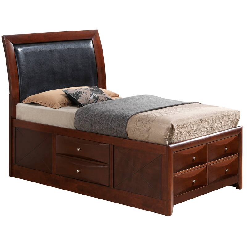 Twin Bed with Storage - Panel Design, Faux Leather Headboard, Dove-Tailed Drawers - 43"L x 85"W