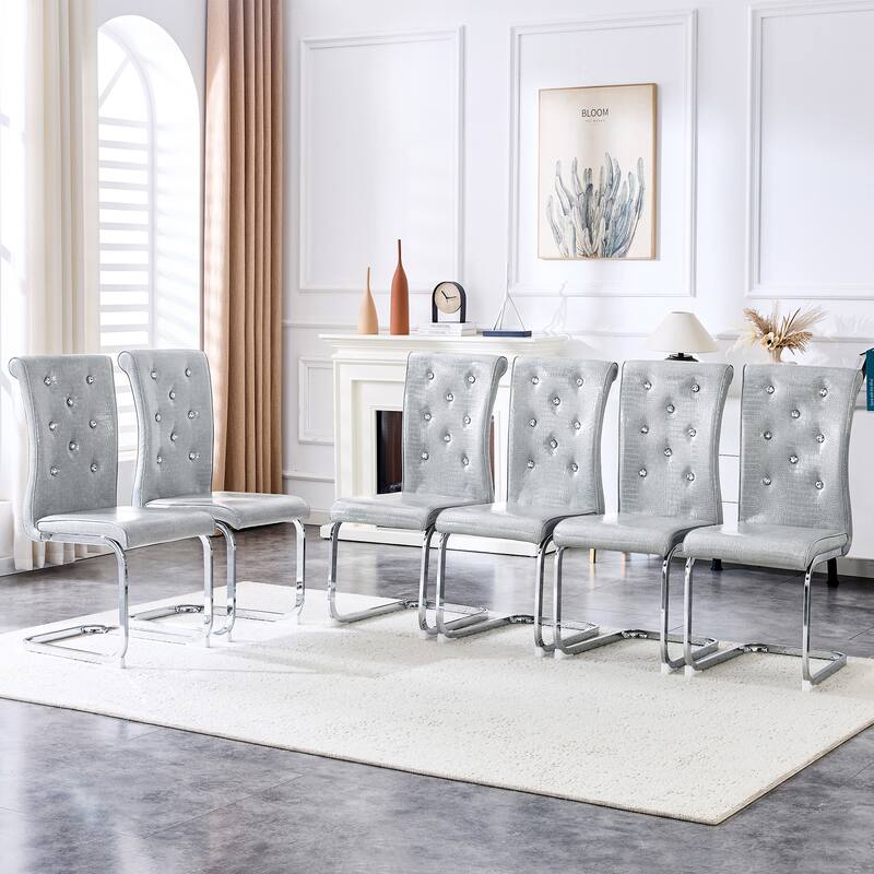 Set of 4, Retro Faux Alligator Skin Upholstered Dining Chairs, with Crystal Buckle Design and Faux Leather Design