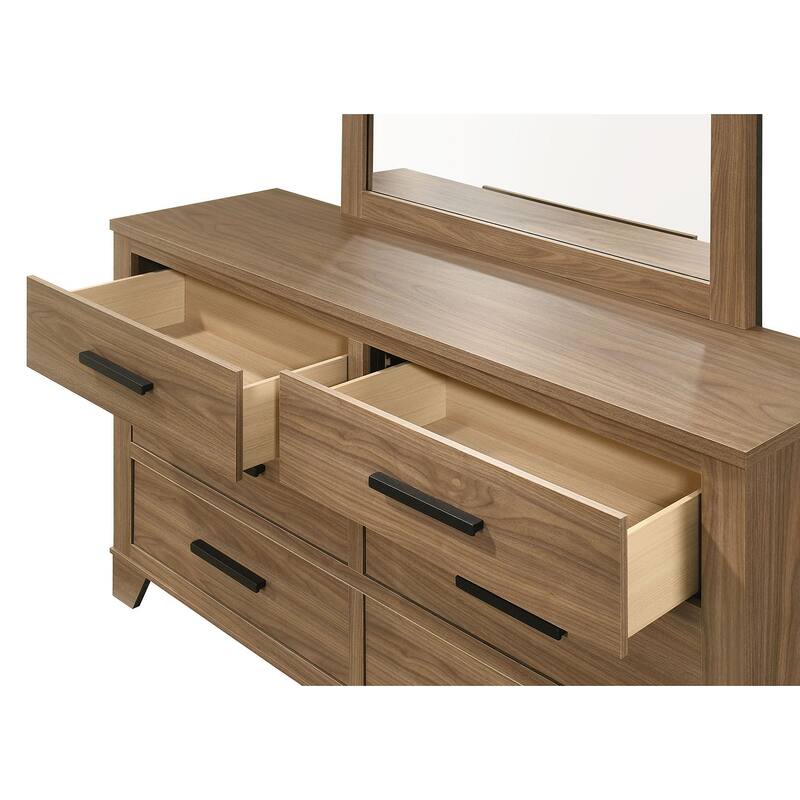 Modern Walnut Finish 3pc Bedroom Furniture Set Bed Dresser Mirror