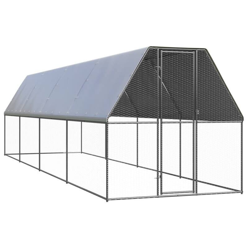 vidaXL Chicken Cage Silver and silver grey Galvanized steel, polyethylene - 6.6' x 26.2' x 6.6'