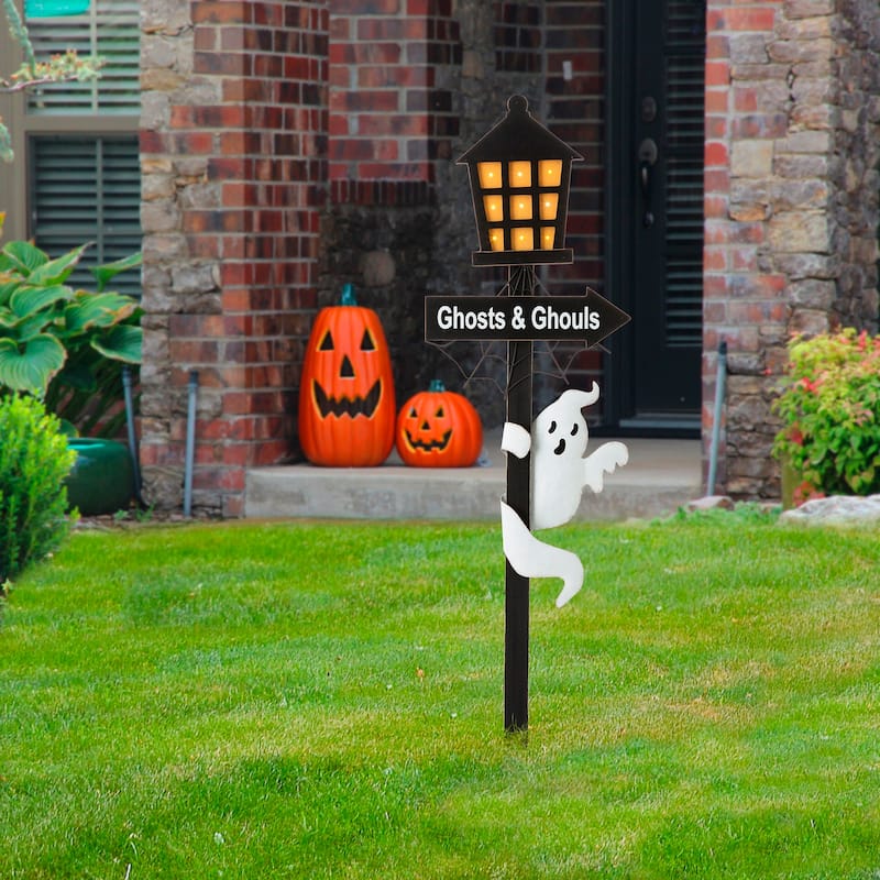 Glitzhome Halloween LED Ghost Cat Pumpkin Nutcracker Yard Stakes Standing Sign Hanging Decor