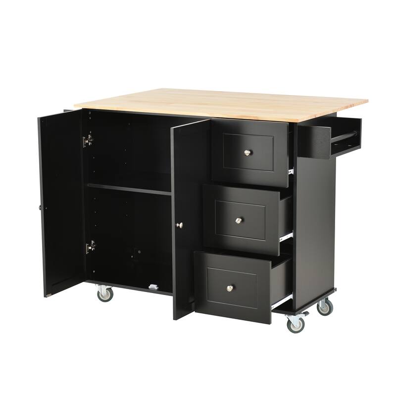 52.7" W Rolling Mobile Kitchen Island with Solid Wood Top and Locking Wheels,Storage Cabinet and Drop Leaf Breakfast Bar
