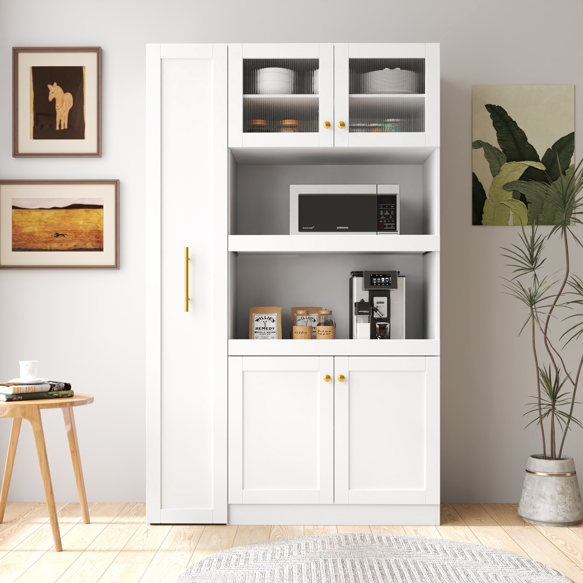 Roomfitters Kitchen Pantry Cabinet with Multi-Tier Pull-Out Shelves, Farmhouse Storage Cupboard with 4 Doors, White