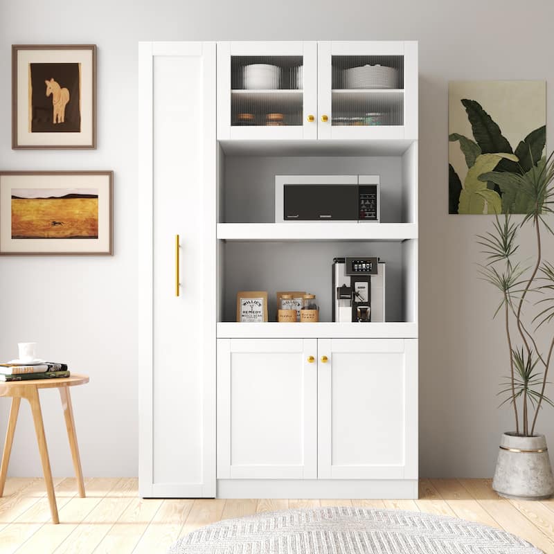 Wood Kitchen Pantry Cabinet with Pull-Out Storage Shelf, Modern Home Cabinet Hutch with Microwave Stand for Dining Room - White