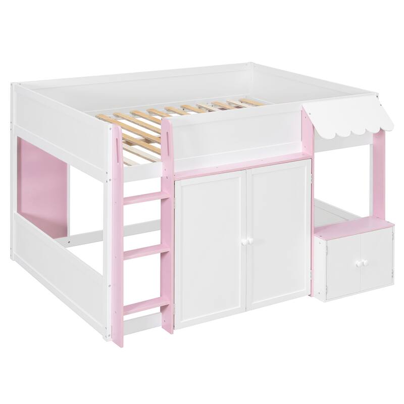 Full Size Loft House Bed with Playhouse Design & Storage, Modern Wooden Cabin Bed with Guardrails and Ladder for Kids, Teens