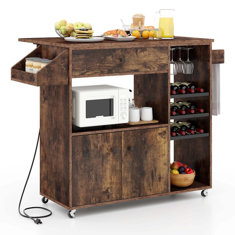 Rolling Kitchen Cart Kitchen Island Cart w/ Drop-Leaf & Power Outlet - Rustic Brown