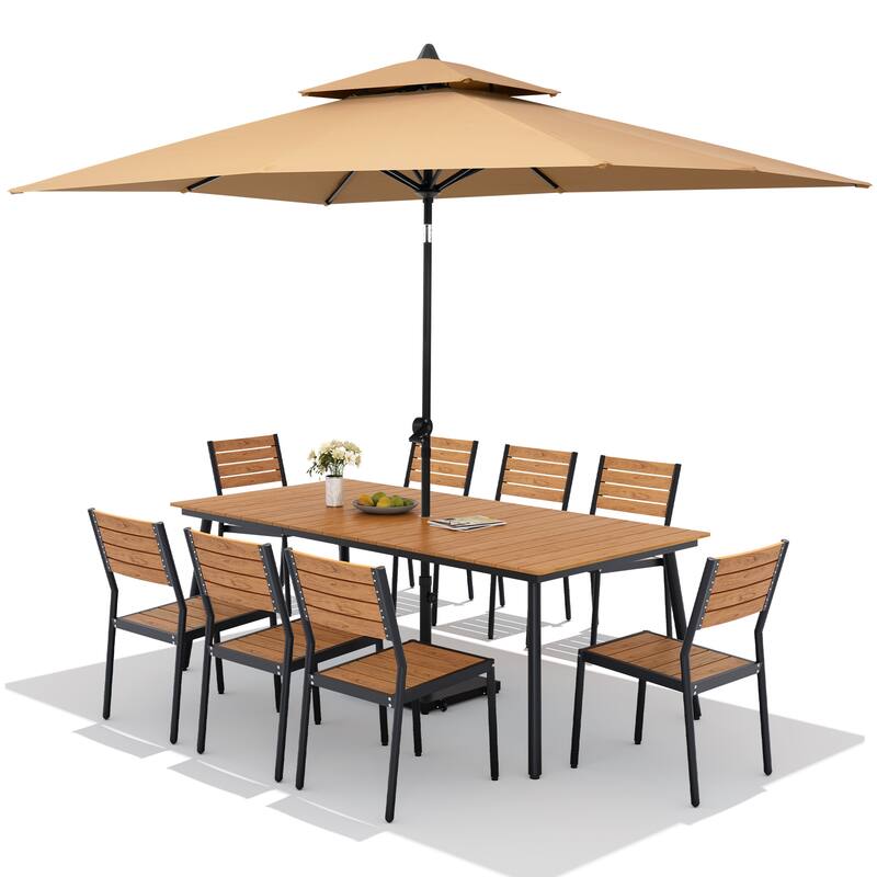 11PC Outdoor Patio Dining Set Aluminum Table with Stackable Chairs w/ Premium Market Umbrella Sets