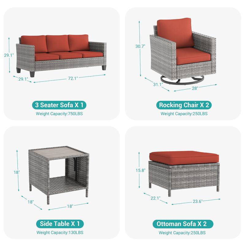 BONOSUKI 6Pcs Patio Swivel Rocking Sofa Set Brown Rattan w/Side Table