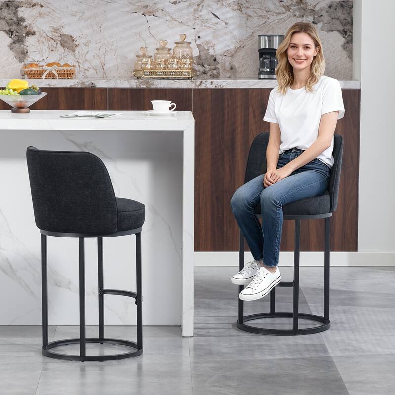 Counter Height Bar Stools Set of 2, Modern Barrel Counter Stools with Backrest, Linen Fabric Upholstered Accent Bar Stools