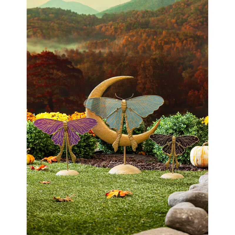 22" Crescent Moon With Luna Moth Statue, Teal