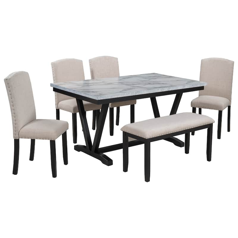 Modern 6-Piece Wooden Dining Table Set with Faux Marble Top & 4 Chairs