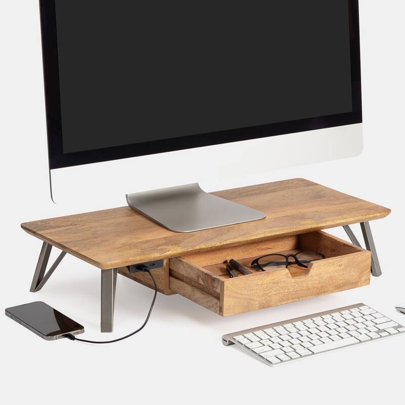 Jani Wood Monitor Stand Riser Desk - Ergonomic Design Stand, Desktop Organizer Table for Home, Office Workspace, Gaming Desk - Yellow