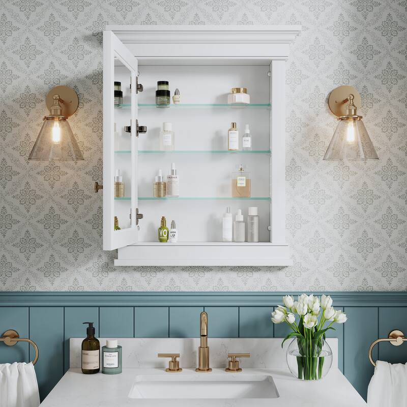 26"W x 32"H Recessed Wall-Mounted Solid Wood Medicine Cabinet with Adjustable Glass Shelves