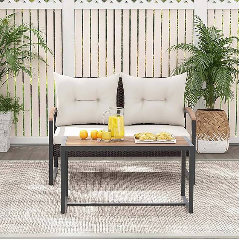 2 PCS Patio Wicker Furniture Loveseat Set w/ Acacia Wood Coffee Table