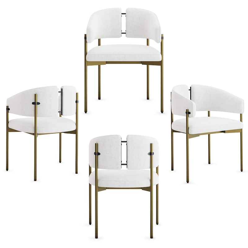 Classic and Luxurious Barrel Dining Chairs with Arms - Set of 4 - Brushed Gold and White