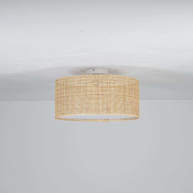 17.7" Boho Coastal Hand-Woven Natural Rattan with Matte White Hardware Semi-Flush Mount Ceiling light for Hallways
