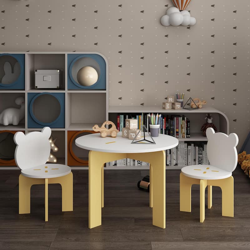 Kids Table and Chair Set, 3-Piece Toddler Table with 2 Chairs, Cute Bear-Back Chairs, Sturdy Wooden Activity Table Set