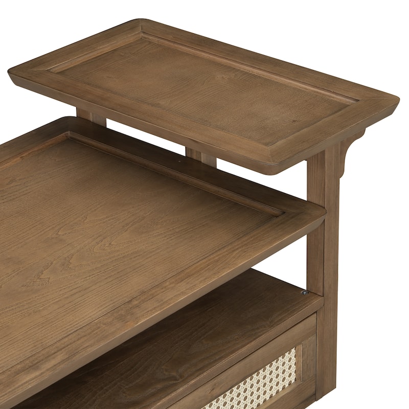 Roomfitters Modern Coffee Table with Open Shelf, Dual Tabletops and Rattan Accent Storage