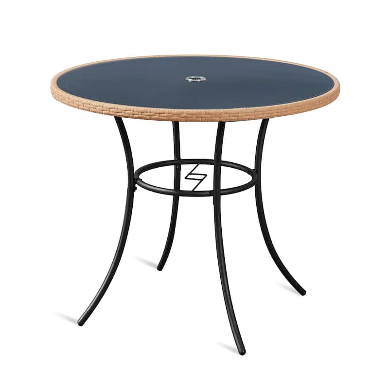 35" Square/Round Outdoor Dining Table - All-Weather Wicker Patio Table with Tempered Glass Top & Iron Frame for Balcony