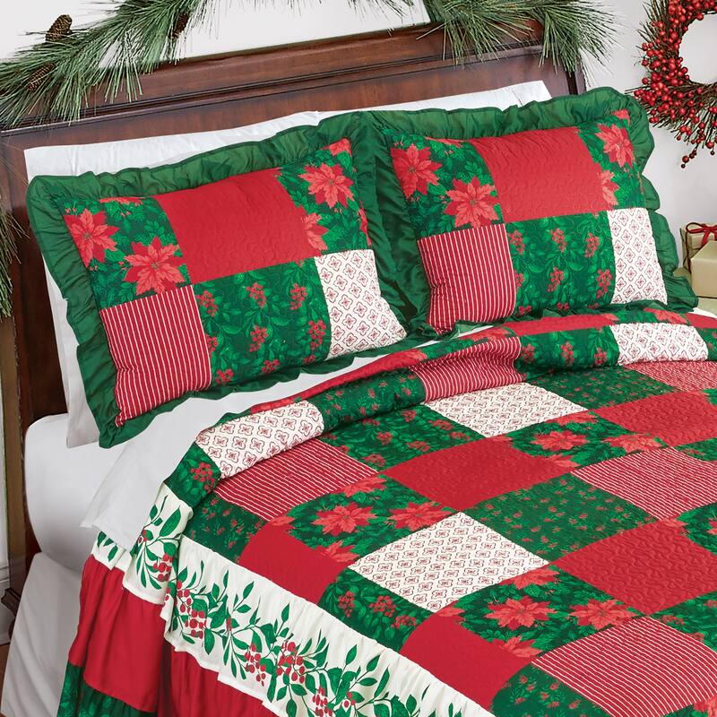 Mistletoe Patchwork Ruffled Edge Holiday Pillow Sham - Red - 26 x 3 x 20