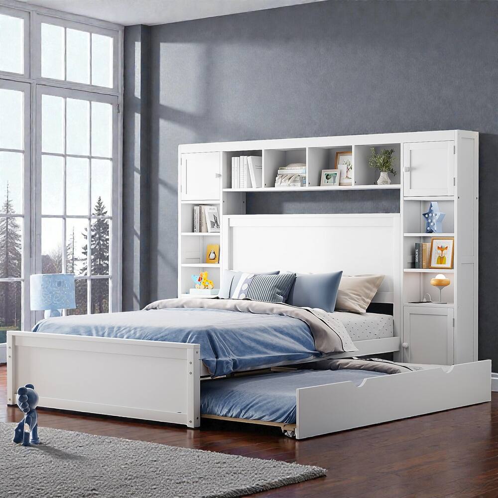 Wooden Platform Bed with Storage Headboard, Drawers, Twin Trundle and Built-In Outlets