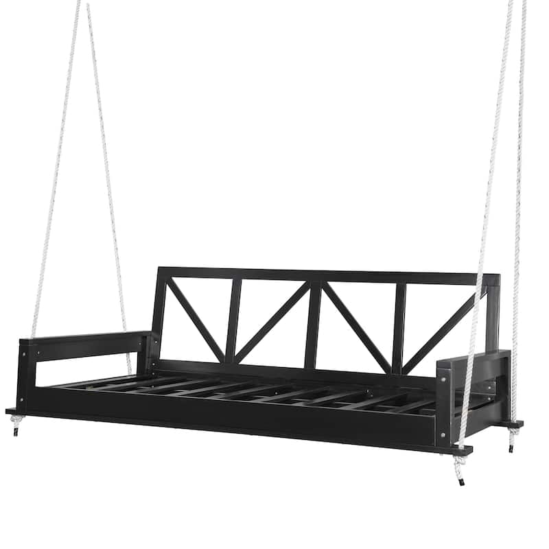 Acacia Wood Twin Size Patio Swing Bed Modern Porch Swing Hanging Bed Frame with 16.4ft Hemp Ropes