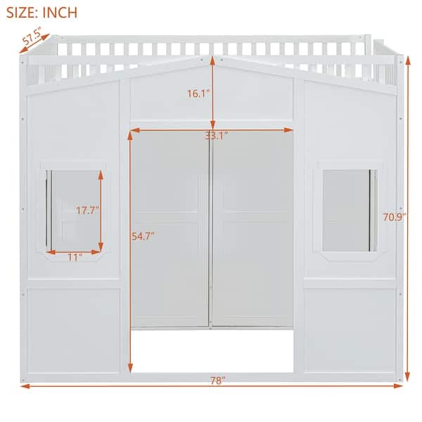 dimension image slide 2 of 3, Full Size Wood House Loft Bed with Ladder and Wardrobe