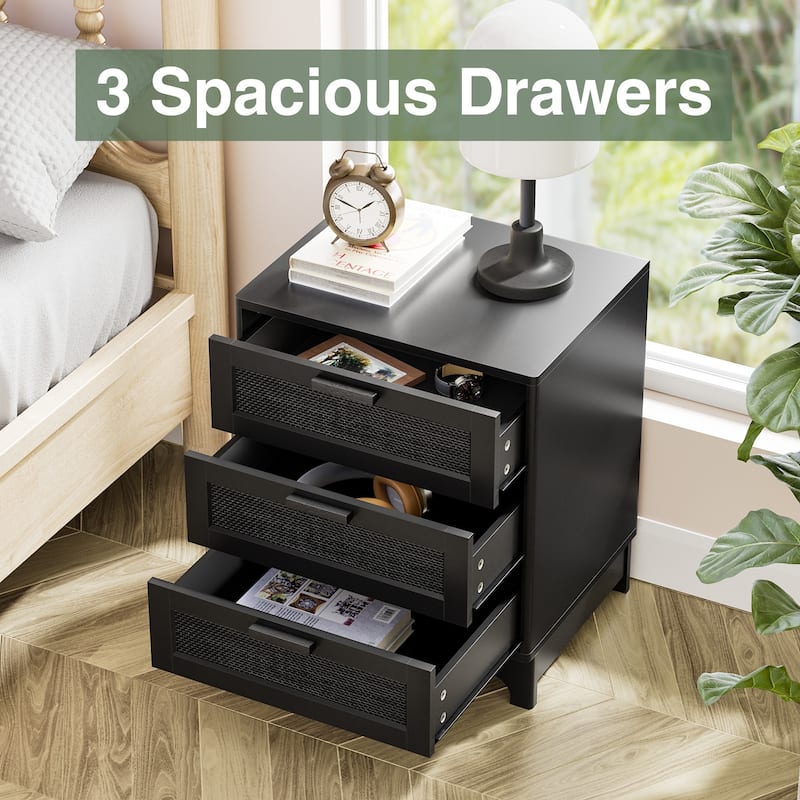 Anmytek Modern Black Wood Rattan Nightstand Bedside Table Side Table with 3 Drawers for Bedroom