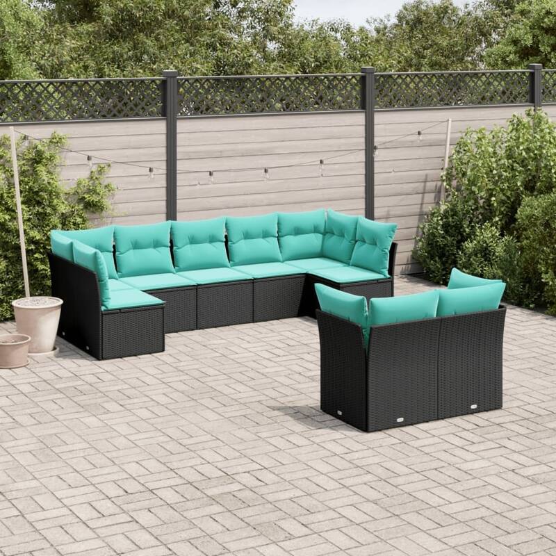 vidaXL 9 Piece Patio Sofa Set with Cushions Black Poly Rattan - 24.4x27.2x24.4-Without table