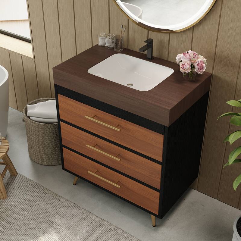 Modern Free-Standing Bathroom Vanity with Ceramic Vessel Sink & Durable Sintered Stone Top