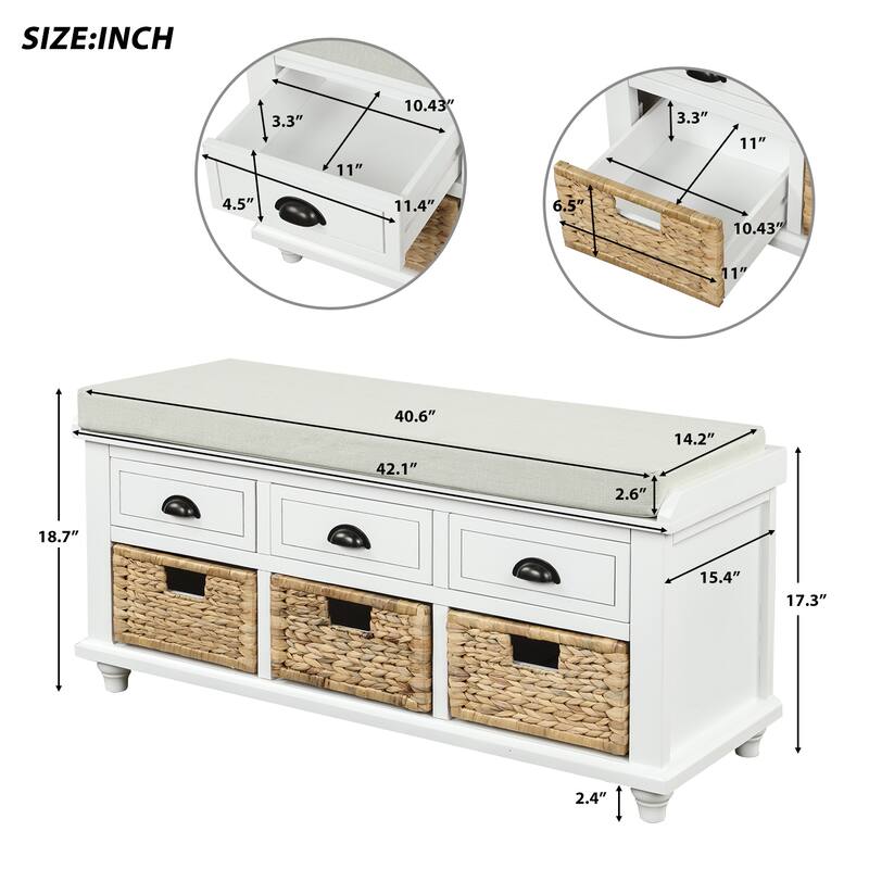Rustic Storage Bench with 3 Drawers and 3 Rattan Baskets Shoe Bench