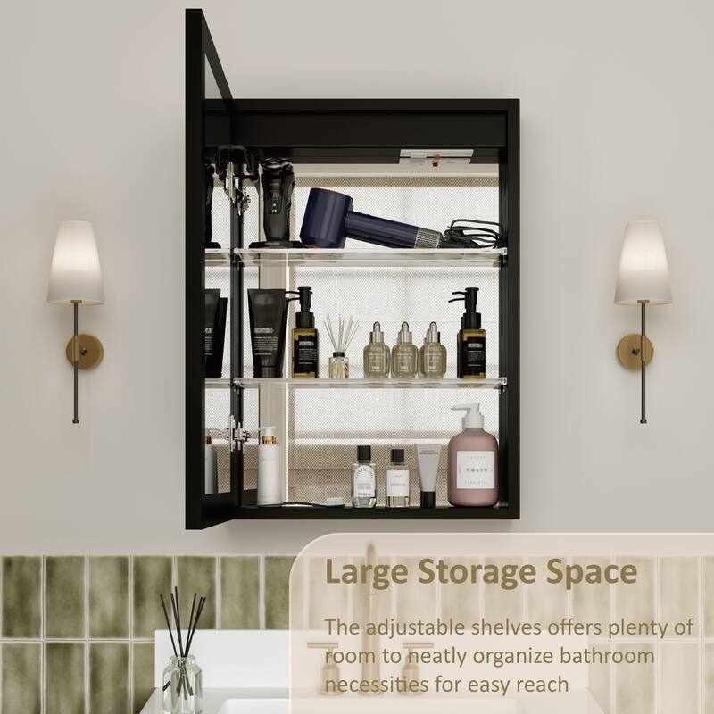 Grand Aluminum Medicine Cabinet with Mirror, Adjustable Shelves, Dimmable Light, Anti-Fog, Recessed or Wall Mount