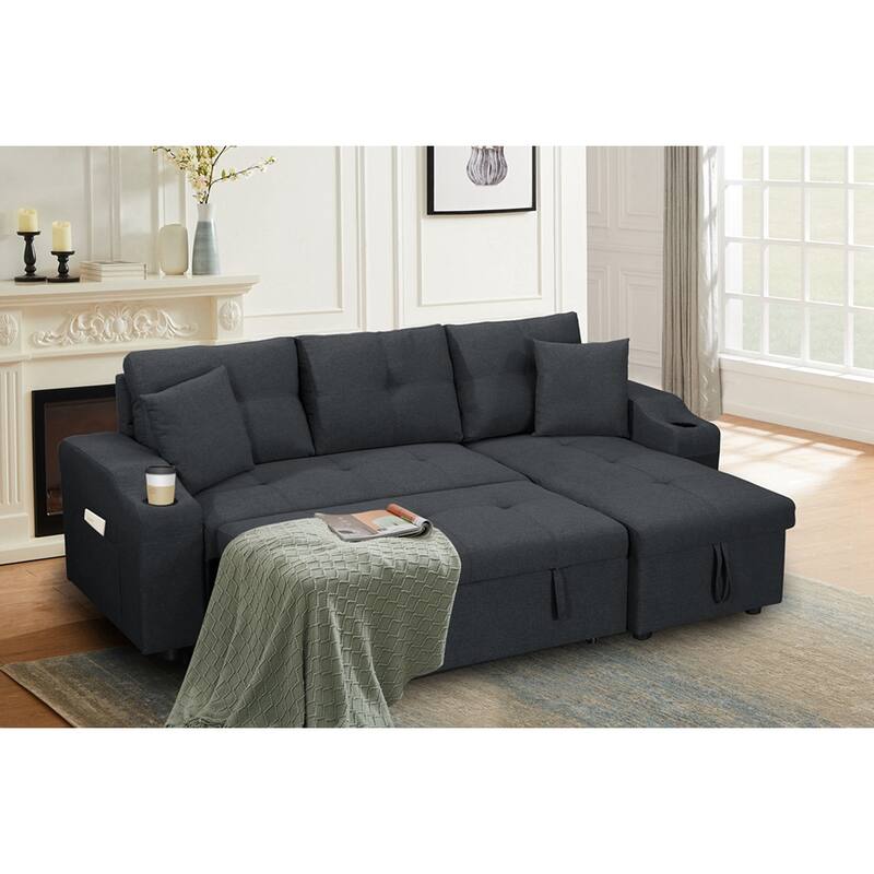 Upholstered Pull Out Sectional Sofa with Storage Chaise