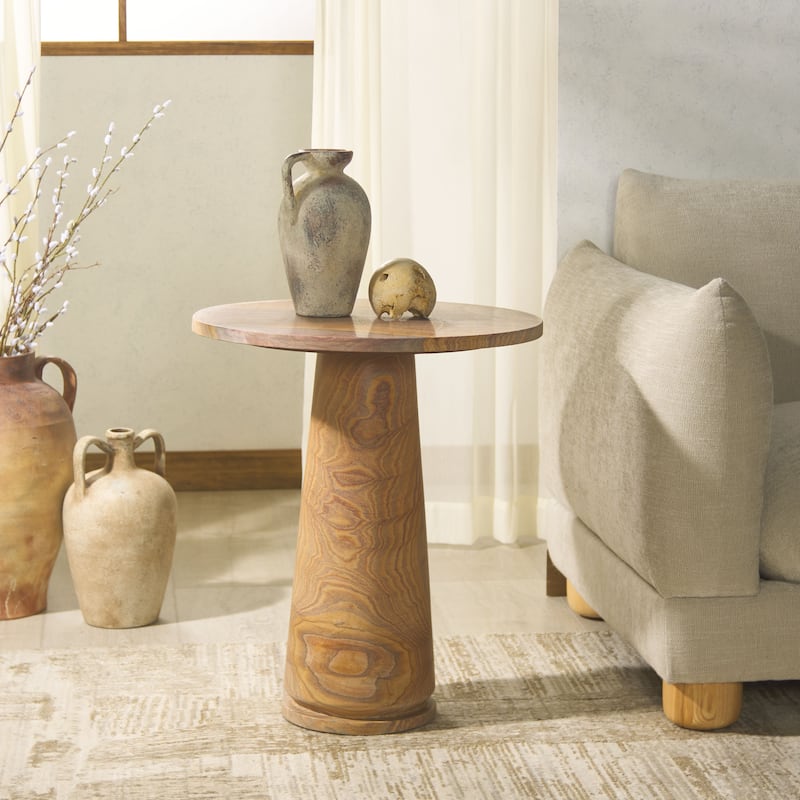SAFAVIEH Couture Ghicu Tall Round Marble Accent Table - 22 In W x 21 In D x 24 In H - 21"W x 21"D x 24"H - Brown