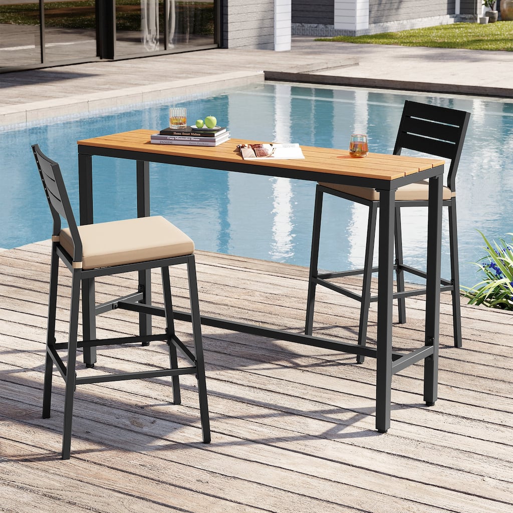 3-Piece Outdoor Bar Stools Set Rectangle Bar Table and Barstools with Cushion