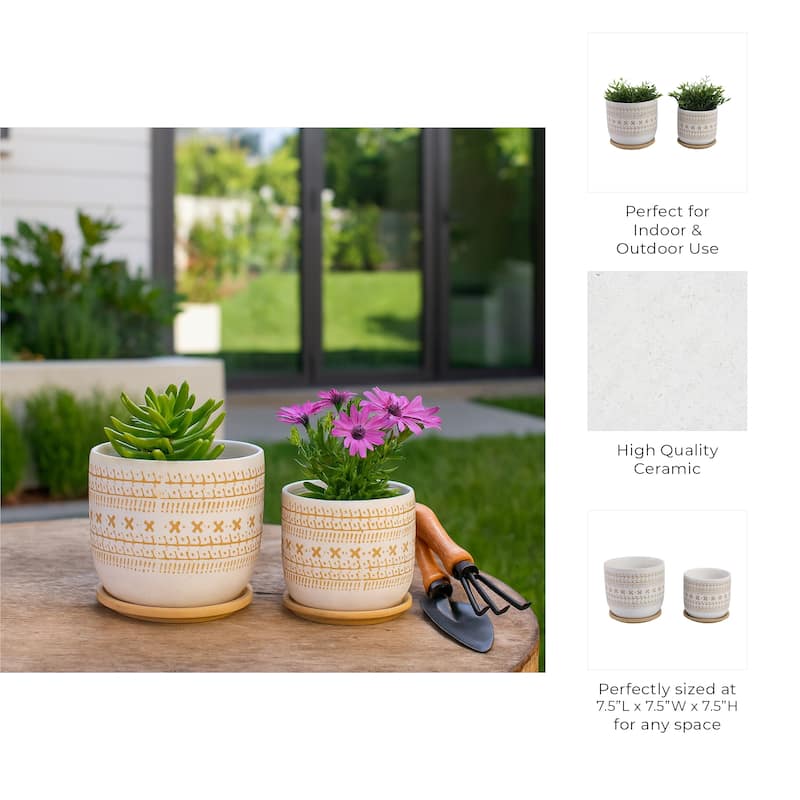 Decorative Round Ceramic Planter with Saucer - Set of 2