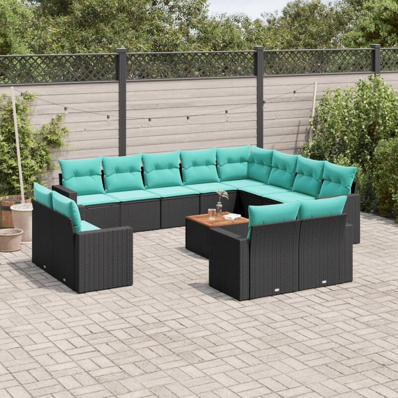 vidaXL 13 Piece Patio Sofa Set with Cushions Black Poly Rattan - 24.4x24.4x27.2