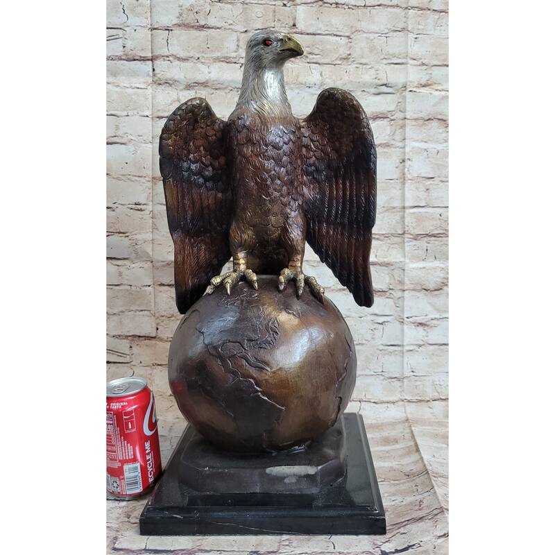 American Bald Eagle Perched On Globe Planet Earth Bronze Statue Sculpture Art
