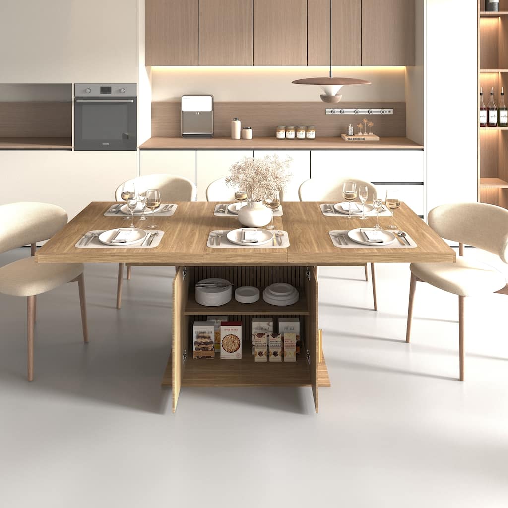 Extendable Cabinet Dining Table with Storage, Wood Kitchen Table with Striped Cabinet, Waterproof Coffee Table