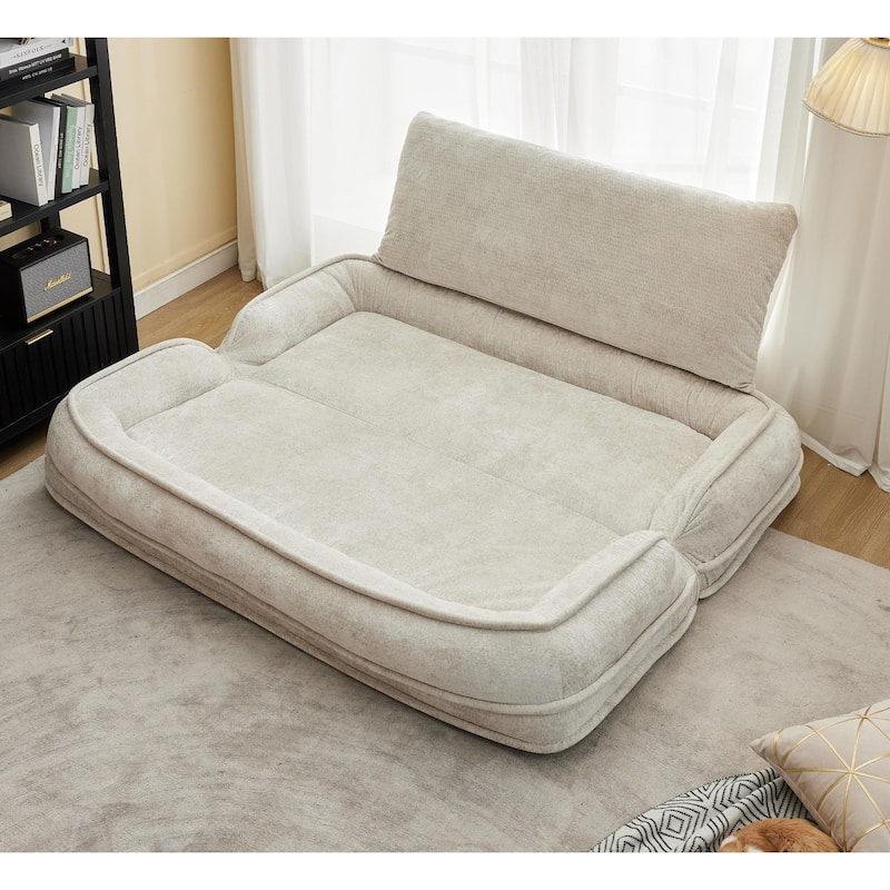 Pet Friendly Lazy Loveseat Sofa 2-in-1 Chenille Floor Couch Double Human Sleeper Bed with 5 Adjustable Position, Plump Pillows